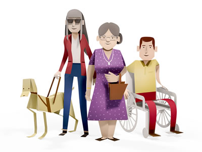 Visual impaired lady, elderly lady and a man on wheelchair to be assisted.