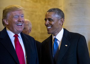 WASHINGTON (Jan. 20, 2017) U.S. President Donald J. Trump and Former U.S. President Barack Obama wait to exit the east front steps for the departure ceremony during the 58th Presidential Inauguration in Washington, D.C., Jan. 20, 2017