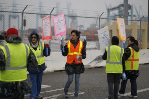 Striking clerical workers carry pickets outside the APM Terminal at the Port of Los Angeles.  (David McNew / Getty Images / November 30, 2012)