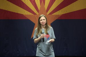 Chelsea Clinton speaking with supporters of her mother, former Secretary of State Hillary Clinton, at a campaign rally at the Memorial Union at Arizona State University in Tempe, Arizona