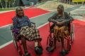 Albert Namatjira's descendants Lenie Namatjira and Gloria Pannika visited the exhibition at the launch of Namatjira ...