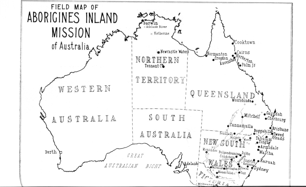 Map of  AIM missions from: On highways and byways in Australia by W. Arnold Long, Sydney:The Central Press , c1930