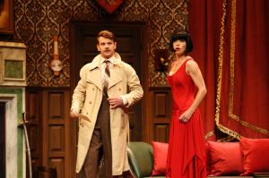Nick Simpson-Deeks (Chris) and Brooke Satchwell (Sandra) in <i>The Play That Goes Wrong</i>. 