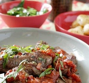 Grilled beef with red wine and basil sugo.