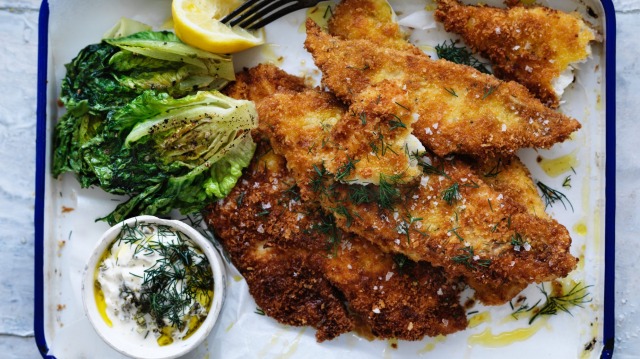 Snapper fillet with charred lettuce.