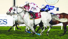 AJS Al Rayyan, ridden by Harry Bentley (foreground) finishes second, behind Majeed, ridden by Olivie