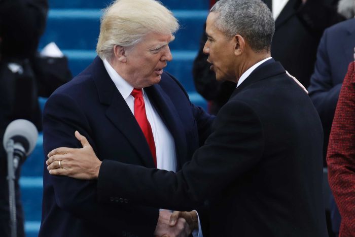 Donald Trump shakes hands with President Barack Obama before the 58th presidential inauguration