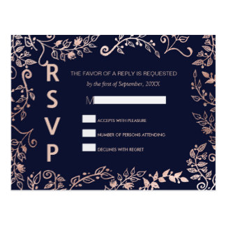 Elegant Navy Blue Rose Gold Floral RSVP Postcards