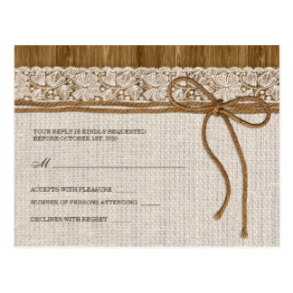 Yvory Lace And Burlap Wedding RSVP Postcard