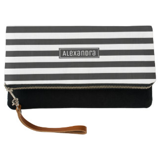 Black and White Stripes Elegant Chic | Custom Name Clutch