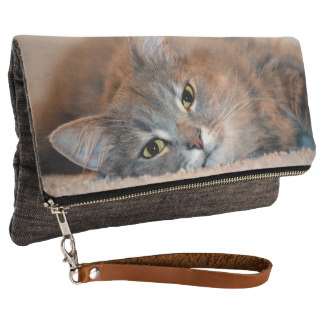 Gray, Tan, White Long-Haired Cat by Shirley Taylor Clutch