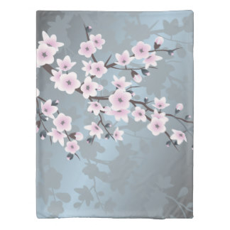 Dusky Pink Grayish Blue Cherry Blossoms Floral Duvet Cover