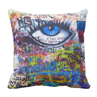 Blue graffiti evil eye outdoor pillow