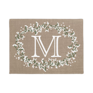 Monogram Floral Wreath & Rustic Burlap Effect Doormat