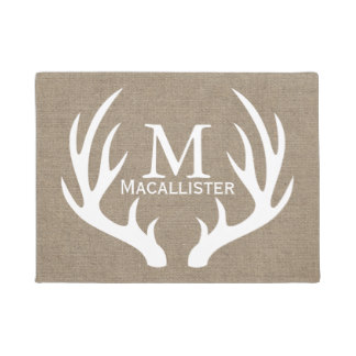 White Deer Buck Antlers and Burlap Family Name Doormat