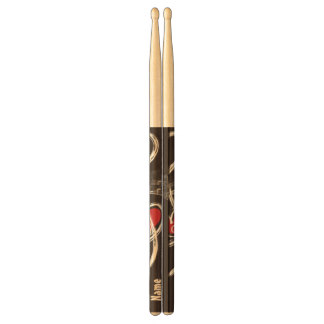 Red Heart Gold Treble Clef Black Personalized Drum Sticks