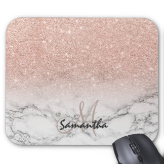 Custom faux rose pink glitter ombre white marble mouse pad