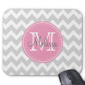 Monogram, Patterns, Chevrons, Gray, Pink Mouse Pad