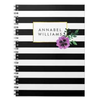 Black Stripe & Purple Pansy Notebook