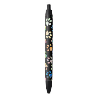 colorful pet paw prints on black black ink pen