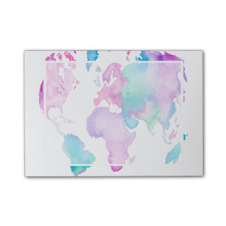 Modern world map globe bright watercolor paint post-it notes