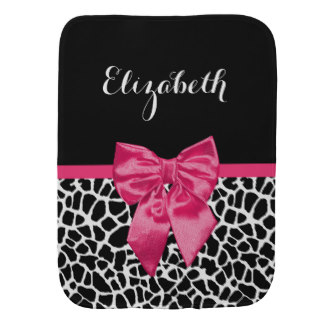 Girly Black Giraffe Animal Print Cute Hot Pink Bow Baby Burp Cloth