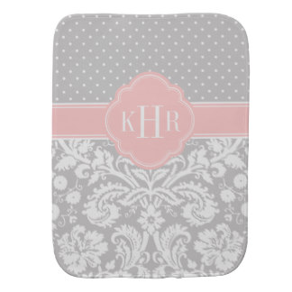 Gray and Pink Damask Polka Dots Monogram Burp Cloth