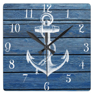 White Anchor And Vintage Blue Wood Square Wall Clock