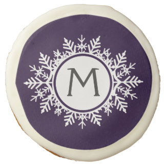 Ornate White Snowflake Monogram on Purple Sugar Cookie