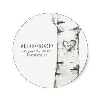 Birch Heart Rustic Wedding Round Sticker