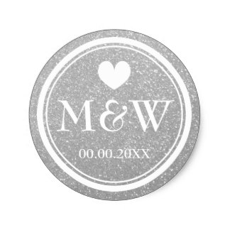 Silver glitter monogram wedding favor stickers