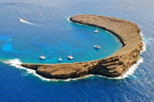 An aerial view of Molokini Island.
