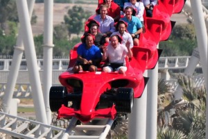 On the fastest rollercoaster in the world at Ferrari World on Yas Island, Abu Dhabi.