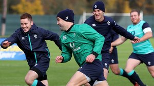 Paddy Jackson (L), Conor Murray (C) and Jonathan Sexton in training at Carton House