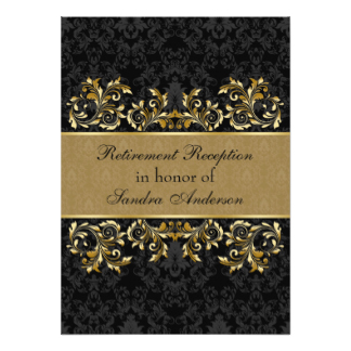 Leafy golden swirls, black damask Retirement 11 Cm X 16 Cm Invitation Card