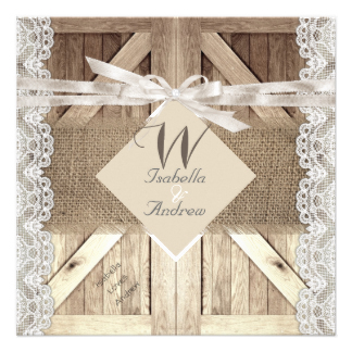 Rustic Door Wedding Beige Lace Wood Burlap Writing 13 Cm X 13 Cm Square Invitation Card