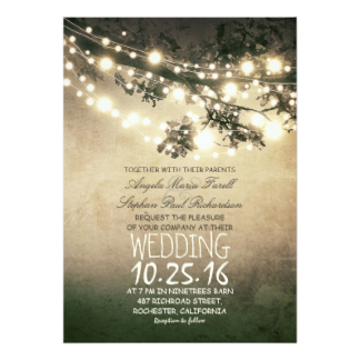 Rustic tree branches & string lights wedding 13 cm x 18 cm invitation card