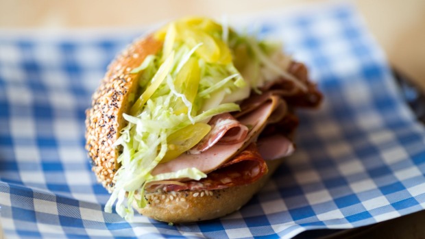 Savoury selections include this four-meat sandwich that is an Italian deli section squeezed between bread.