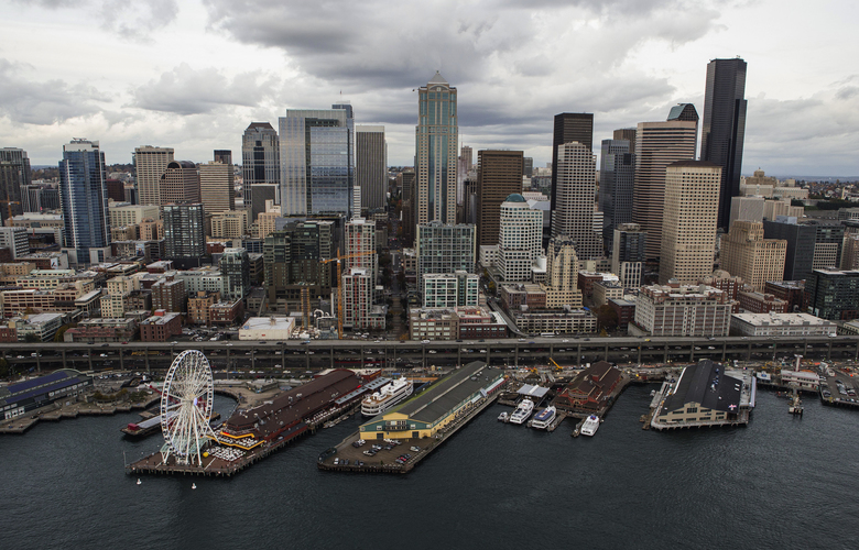 Downtown Seattle seen in this aerial view. 