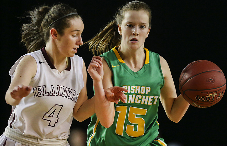 Ella DiPietro, right, of Bishop Blanchet, drives the ball upcourt against Claire Mansfield, left, of Mercer Island during the first quarter.

Bishop Blanchet played Mercer Island in the 3A girls championship game of the Hardwood Classic on Saturday, March 4, 2017, at the Tacoma Dome.