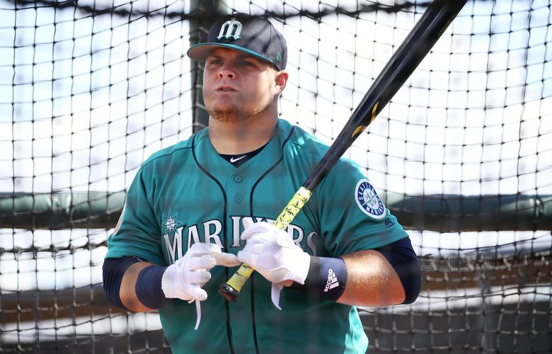 Mariners first baseman Dan Vogelbach takes batting practice during spring training, Monday, Feb. 20, 2017, in Peoria, Ariz. (Ken Lambert / The Seattle Times)