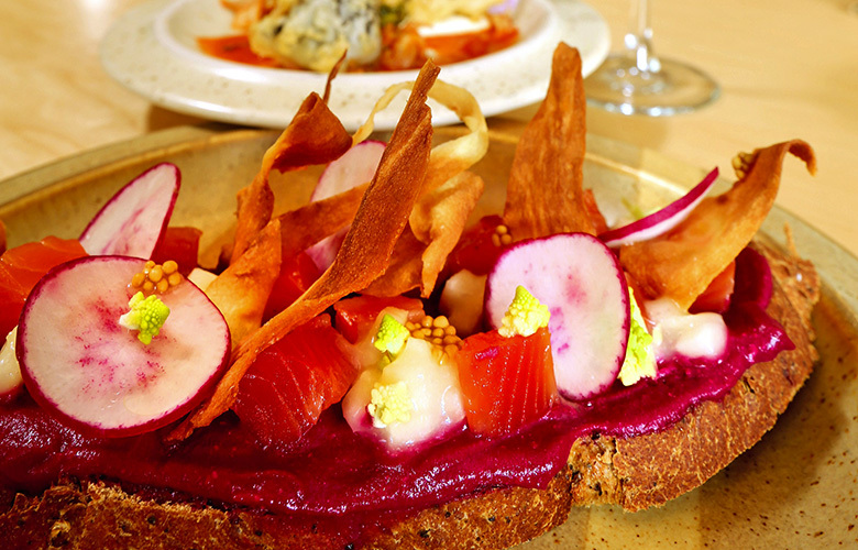 At Cook Weaver on Capitol Hill, in the foreground, they offer gravlox –  cheese and beet puree with house cured trout.