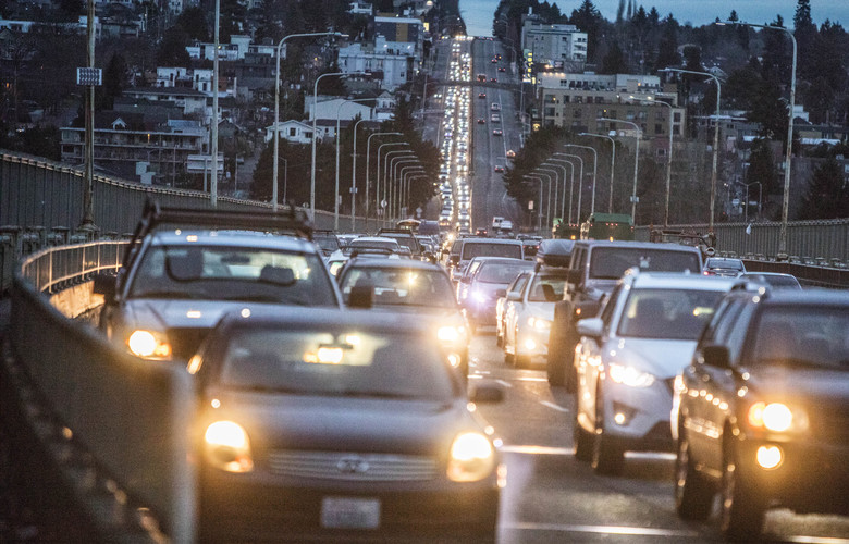 Traffic stacked up on the Aurora Bridge in Seattle. (Steve Ringman / The Seattle Times)