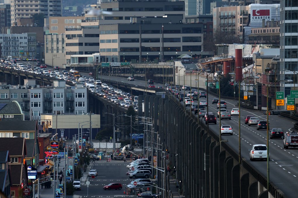 The Alaskan Way Viaduct carries 110,000 vehicles every day, making it one of the most heavily used roadways in the Puget Sound region. At rush hour, both the northbound upper deck and southbound lower deck can be clogged with commuter traffic. (Ken Lambert/The Seattle Times)