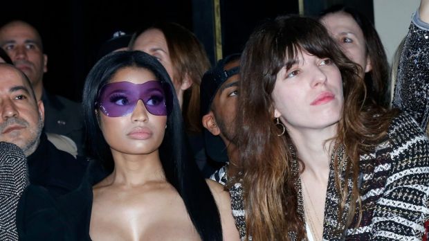 (L-R) Marisa Berenson, Caroline de Maigret, Nicki Minaj and Lou Doillon at the Haider Ackermann show in Paris on Saturday.