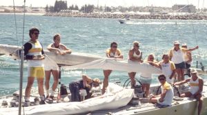 The Kookaburra boats are towed out to compete in the America's Cup.