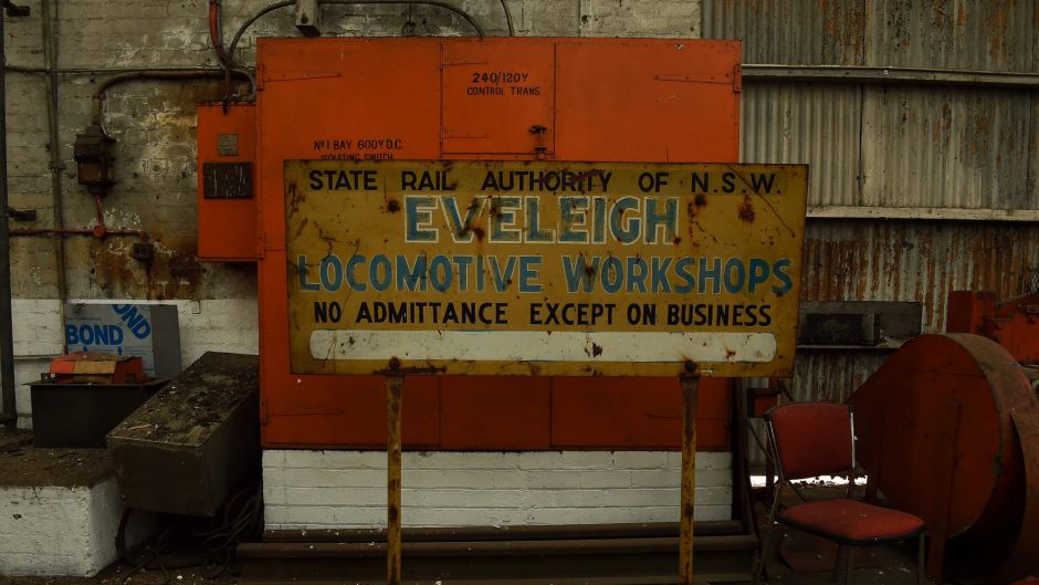 Signs at The Large Erecting Shop at Eveleigh Railway Precinct, Eveleigh. 