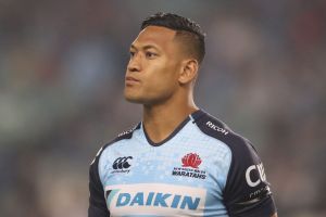 SYDNEY, AUSTRALIA - FEBRUARY 25: Israel Folau of the Waratahs watches on during the round one Super Rugby match between ...