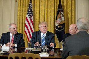 President Donald Trump, flanked by House Majority Whip Steve Scalise of La., left, and House Ways and Means Committee Chairman Rep. Kevin Brady, R-Texas, speaks during a meeting in the East Room of the White House in Washington, Tuesday, March 7, 2017, with the House Deputy Whip team.