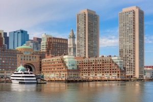 The waterfront skyline including the Boston Harbor Hotel at Rowes Wharf.